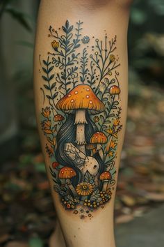 tattoo Mushroom Forest Tattoo Sleeve, Mushroom Leg Sleeve Tattoo, Sternum Mushroom Tattoo, Fantasy Nature Tattoo, Woodland Scene Tattoo, Slavic Folklore Tattoo, Garden Witch Tattoo, Black And White Mushroom Tattoo, Mystical Forest Tattoo