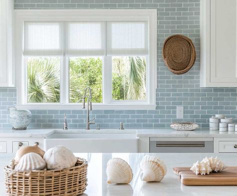 How Blue Backsplash Ideas for White Cabinets Create a Fresh Look • 333+ Inspiring Lifestyle Ideas Beach Kitchen Backsplash, Light Blue Backsplash, Coastal Modern Kitchen, Backsplash Ideas For White Cabinets, White Coastal Kitchen, Coastal Inspired Kitchens, Blue Backsplash Kitchen, Light Blue Tile, Backsplash Kitchen White Cabinets