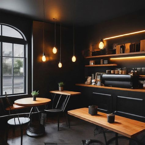 Dark Coffee Shop Aesthetic, Dark Academia Coffee Shop, Yellow Coffee Shop, Restaurant Warehouse, Dark Academia Coffee, Modern Coffee Shop, Small Cafe Design, Dark Modern, Black Theme