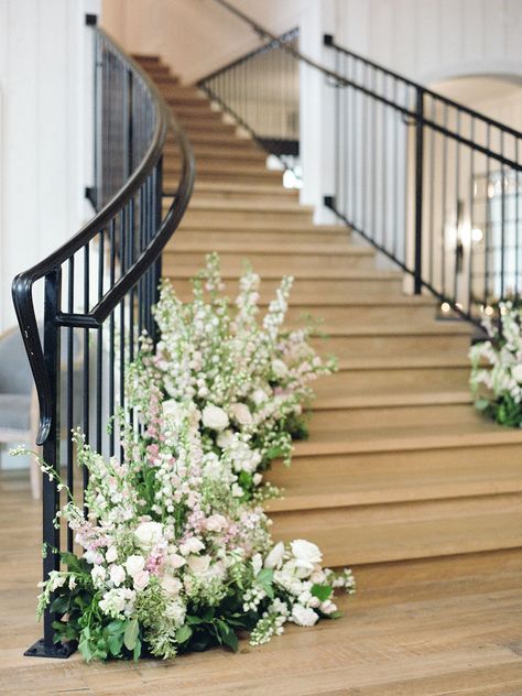 Flowers On Staircase, Floral Hedge, Wedding Staircase Decoration, Wedding Stairs, Wedding Staircase, Church Wedding Flowers, Holland Michigan, 2025 Wedding, Staircase Decor