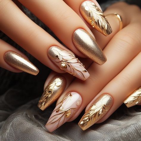 #fashion, #nails, #nailart, #nailinspiration Nail Art Designs Golden, Golden Nails Designs, Golden Nail Art, Bridal Nails Designs, Fancy Nail Art, Chrome Nail Art, Golden Nails, Elegant Nail Art, Sassy Nails