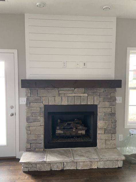 Stone Fireplace With Shiplap Above Mantle, Herringbone Brick Fireplace Surround, Gas Fireplace With Hearth, Shiplap And Stone Fireplace Wall, Stone And Shiplap Fireplace Ideas, Stone Fireplace With Shiplap Above, Rock And Shiplap Fireplace, Half Stone Half Shiplap Fireplace, Stone Shiplap Fireplace