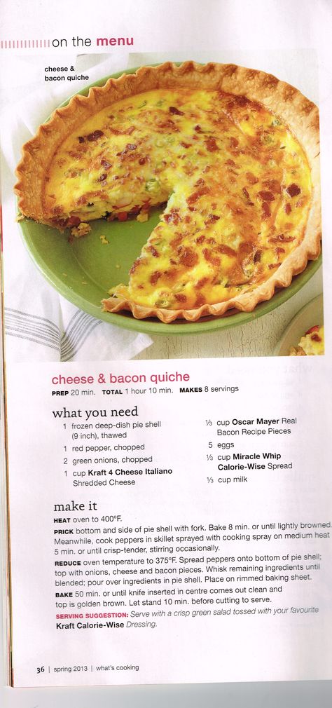 Cheese & Bacon Quiche Healthy Quiche, Breakfast Quiche Recipes, Bacon Quiche, Cheese Quiche, Breakfast Quiche, Miracle Whip, Quiche Recipes, Bacon Recipes, Bacon Cheese