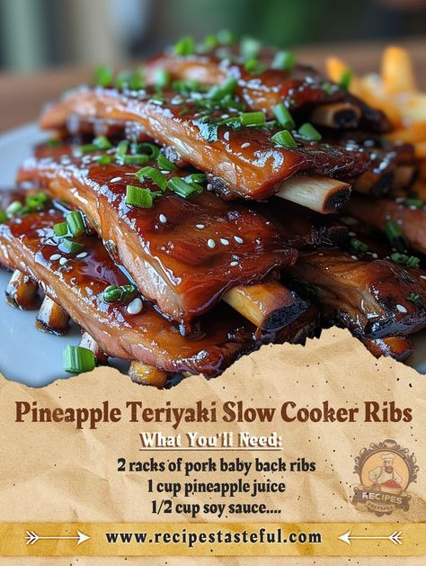 Easy Recipes - **Pineapple Teriyaki Slow Cooker Ribs**... Teriyaki Ribs, Pork Baby Back Ribs, Slow Cooker Pork Ribs, Pineapple Teriyaki, Pineapple Juice Recipes, Slow Cooked Ribs, Rack Of Pork, Gordon Ramsay Recipe, Slow Cooker Ribs