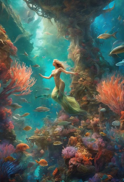 Vibrant Underwater Mermaids Check more: https://paintlyx.com/vibrant-underwater-mermaids/ Ocean Fantasy Art Underwater, Tropical Mermaid, Underwater Mermaid, Walls Painting, Shell Crowns, Dark Mermaid, Mermaid Stuff, Mermaid Images, Mermaid Artwork