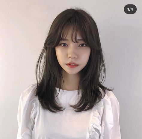 Asian Hairstyles Medium Straight, Mid Length Hair Square Face, Straight Wolfcut With Bangs, Haircut Korean Girl, Asian Bangs Round Face, Korean Girl Hairstyle, Medium Hair Cuts With Bangs, Straight Hair Bangs, Mid Length Hair With Bangs