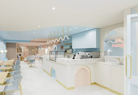 Pastel Cafe Interior Design, Blue Cafe Interior Design, Pastel Interior Design Cafe, Clouds Interior Design, Theme Cafe Interior, Pet Cafe Interior, Pastel Cafe Interior, Blue Cafe Interior, Dog Cafe Design