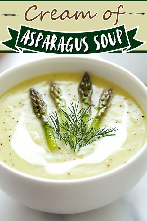 This velvety cream of asparagus soup is a great way to get in your veggies! With heavy cream and a touch of lemon, the flavor is out of this world. Asparagus Cream Soup Recipe, Easy Cream Of Asparagus Soup, Vegan Cream Of Asparagus Soup, Asparagus Soup Recipes Cream Of, Cream Of Asparagus Soup Recipe, Cream Of Soup, Creamy Asparagus Soup, Asparagus Soup Recipe, Cream Of Asparagus