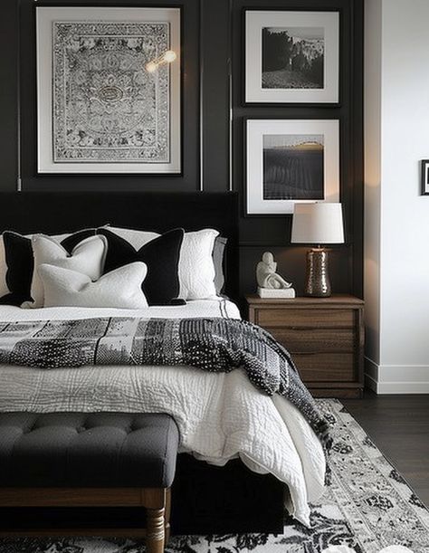 Classic Black And White Bedroom, Off White And Black Bedroom, Black Bedroom Suite, Black Bed Frame Decor Ideas, Small Bedroom Ideas Black Furniture, Black Bed Inspiration, Black And Ivory Bedroom, Bedroom Ideas With Black Bed, Black And White Bedroom Ideas Luxury