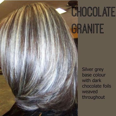 Silver gray with Chocolate Brown Highlights Nails Grey, Hair Color Chocolate, Gray Hair Cuts, Silver Hair Color, Silver Grey Hair, Transition To Gray Hair, Gray Hair Highlights, Super Hair, Brown Highlights