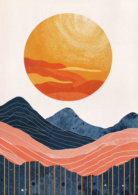 Feel the warmth of a solitary sun as it stands above abstract mountain forms. This artwork speaks to the soul's search for peace in a golden solitude. Peaceful Aesthetic Art, Sun Abstract Art, Mountains Mural, Poetry Book Design, Sunset Abstract, Sun Poster, Minimalist Mountain, Mountain Mural, Modern Minimalist Art