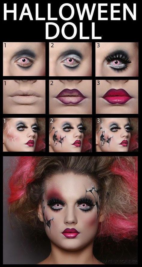 Halloween Doll Makeup, Halloween Gesicht, Soirée Halloween, Doll Halloween Costume, Broken Doll, Theatrical Makeup, Face Makeup Tutorial, Scary Makeup, Doll Makeup