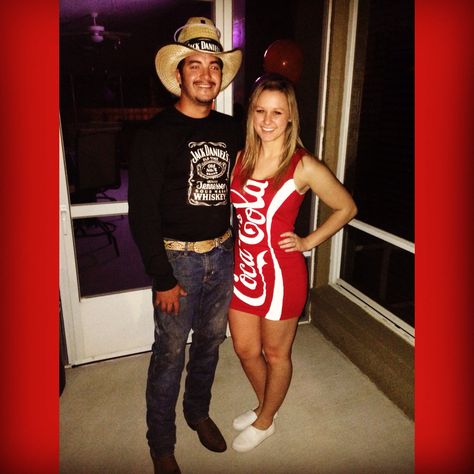 Jack and coke Halloween couple costume Jack And Come Halloween Costume, Jack And Coke Costume Couple, Pimp And Hooker Costume, Jack And Coke Halloween Costume, Jack And Coke Costume, Jack And Coke Costumes, Cheap Couples Costumes, Coke Costume, Jack Costume