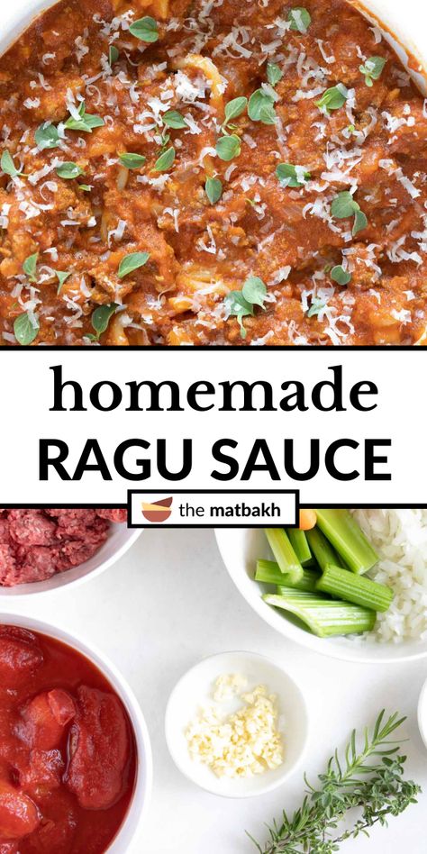 This slow-simmered homemade ragu sauce is made with ground beef, chopped onions, minced garlic, canned San Marzano tomatoes, celery, carrots, and fresh herbs. This delicious pasta sauce is freezer-friendly and packed full of veggies. Ground Beef Ragu, Homemade Ragu, Ragu Spaghetti Sauce, Italian Ragu, Homemade Ground Beef, Slow Cooker Meat, Italian Meat Sauce, Marzano Tomatoes, Ragu Sauce