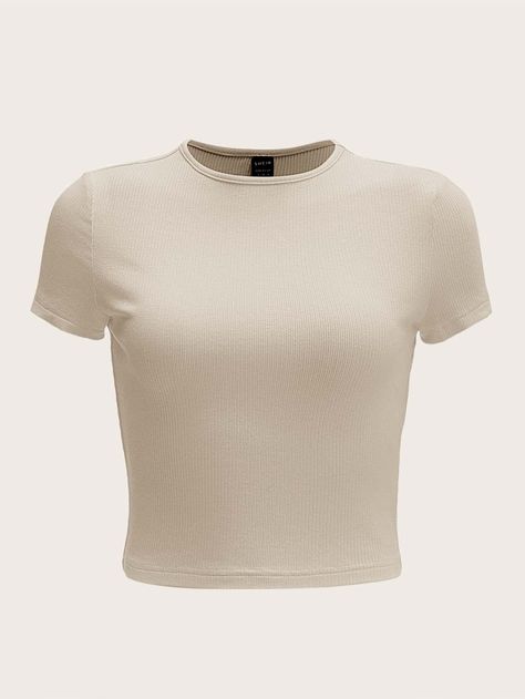 Beige Top Outfit, Beige Shirt, Fashion Top Outfits, Beige Top, Women T Shirts, Shein Tops, Knit Tees, Casual Style Outfits, Fashion Online Shop