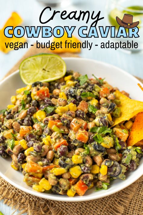 Creamy cowboy caviar - an irresistible version of a simple bean salad, with fresh flavours and a creamy avocado dressing. #vegan #beansalad #cowboycaviar #texascaviar Creamy Cowboy Caviar, Salad With Avocado Dressing, Vegan Bean Salad, Veggie Meal Prep, Vegan Bean, Creamy Avocado Dressing, Avocado Salad Dressing, Healthy Finger Foods, Salad With Avocado