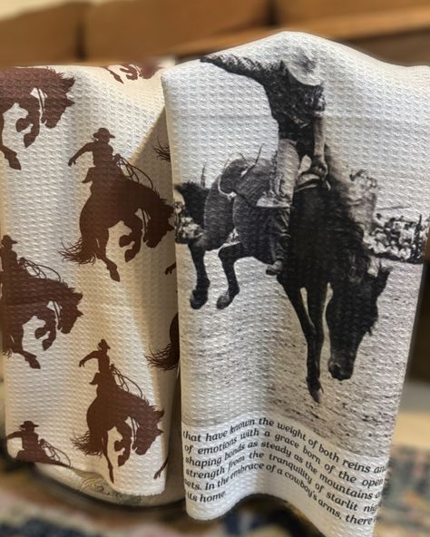 Our new Western Dish Towels are here, just in time to make the most adorable Christmas gifts! Coming in both our Cowboys Make Better Lovers print & our Bucking Broncos print. Go check them out now! #rodeo #western #gifts #christmas #cowgirl Cowboys Make Better Lovers, Western Dishes, Western Kitchen, Bucking Bronco, Western Gifts, Cute Christmas Gifts, Quirky Design, Mens Swimwear, Dish Towels