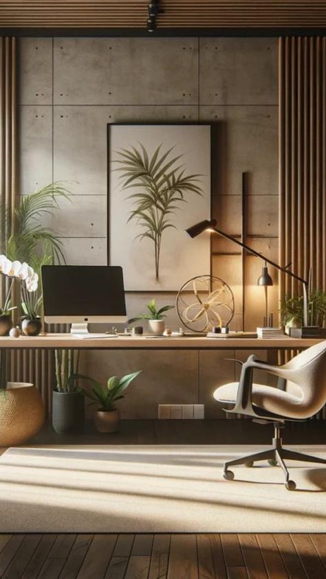 A bali inspired home office Zen Workspace, Bali Inspired Home, Zen Office Space, Calm Workspace, Zen Home Office, Guest Bedroom And Office, Japanese Style Interior Design, Zen Office, Cool Home Office