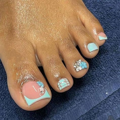 Teal Pedicure Designs, Blue Toe Nails With Design, Teal Toenails, Blue Acrylic Toes, Pampered Princess, French Tip Toes, Blue Toe Nails, Blue French Tip, Feet Pedicure