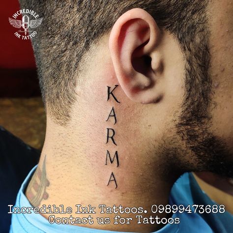 Karma Neck Tattoo, Karma Tattoo On Neck, Back Of Neck Tattoo Men, Front Neck Tattoo, Inside Of Arm Tattoo, Karma Tattoo, Best Neck Tattoos, Christian Sleeve Tattoo, Side Neck Tattoo