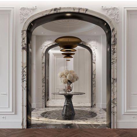 Jenner House, Parisian Interior, Classical Interior, Marble Frame, Marble Arch, Lobby Interior, Arched Doors, Foyer Design, Lobby Design