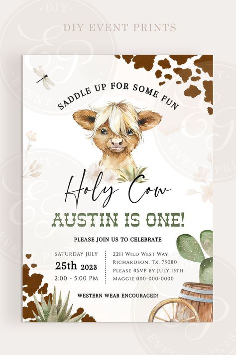 Holy Cow Im One, Cactus Birthday Party, Highland Cow Birthday, First Birthday Theme Boy, Cactus Birthday, Wild West Birthday, Cow Birthday Parties, Farm Birthday Invitation, Cow Birthday