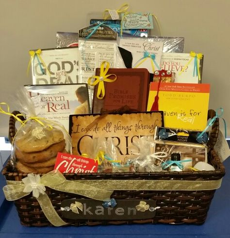 Christian Gift Basket, Made this for a Friend :-) Christian Raffle Basket, Christian Gift Baskets For Women, Bible Gift Basket, Christian Gift Basket Ideas, Christian Basket, Church Basket, Christian Gift Baskets, Gift Baskets Ideas, Cna Week