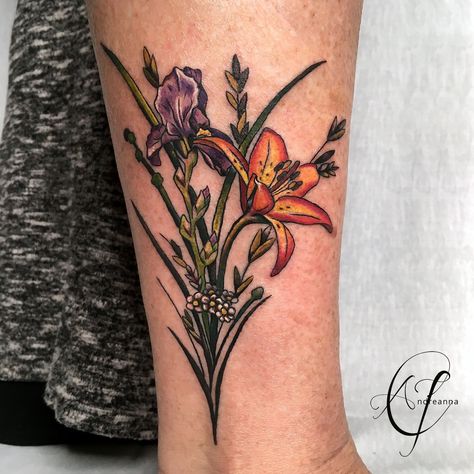 Adirondack Tattoo, Tiger Lily Tattoos, Los Angeles Tattoo, Iris Tattoo, Wildflower Tattoo, Book Tattoo, Ankle Tattoo, Tiger Lily, Color Tattoo