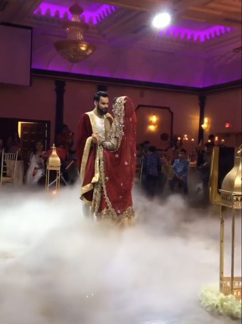 Sikh Wedding Reception smoke mist dance floor bride and groom Fog Bridal Entry, Dry Ice Wedding Entry, Bride Dance Entry, Wedding Dance Floor Fog, Bride Entry With Dance, Dance Floor Wedding, Sikh Wedding, Dance Floor, Indian Wedding