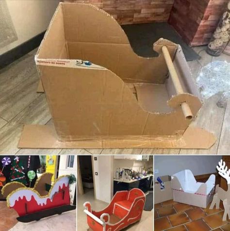 Ideas to make your own Christmas sleigh🎅😍 Cardboard Sleigh, Amazing Craft Ideas, Large Christmas Ornaments, Diy Santa, Christmas Kindergarten, Christmas Hamper, Christmas School, Christmas Decorations Diy Outdoor, Christmas Sleigh