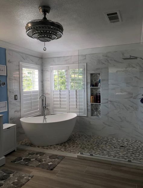 Showers And Tubs Side By Side, Master Bath Porcelain Tile, Toilet In Middle Of Bathroom, Wet Room Shower Walk In With Tub, Re-bath Remodels, Wet Area Bathroom, Wet Room Master Bath, Master Ensuite Bathroom Luxury, Tub In Shower Area