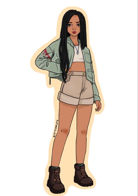 Disney princess Pocahontas, hiker , digital art, forest jacket, Native American, khaki shorts Park Ranger Outfit, Coco Calypso, Pocahontas Concept Art, Pocahontas Sketch Disney, Disney Pocahontas Fanart, Epcot Outfit, Pocahontas Meeko, Pocahontas Fashion Illustration, Fashion Model Drawing