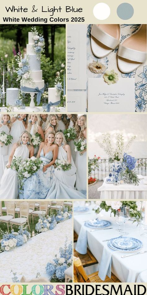 White and light blue for white wedding colors 2025, white bridesmaid dresses, light blue bridal gown, white wedding tablecloth and light blue wedding napkins, white and light blue flowers and greenery of bouquet, centerpieces and wedding aisle chair décor, white wedding cake with light blue ribbons, light blue and white wedding invitation suite. #weddingcolors #weddingideas #bridesmaiddresses #whiteweddings #colsbm #2025 #blueweddings #lightblueweddings #whiteandlightblue Light Blue And White Wedding, Bridesmaid Dresses Light Blue, Blue Wedding Napkins, Blue Bridal Gown, Wedding Colors 2025, Light Blue Wedding Colors, Wedding Theme Color Schemes, Early Spring Wedding, Dresses Light Blue