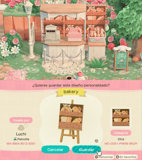 Acnh Elegantcore Nooks Cranny, Acnh Teashop, Animal Crossing Bakery Design, Acnh Pastry Shop, Acnh Teahouse, Acnh Bakery Codes, Acnh Small Area Ideas, Acnh Market, Cottagecore Animal Crossing