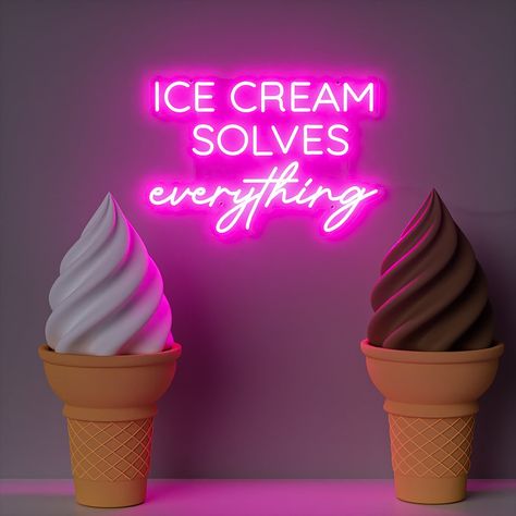 "Ice Cream Solves Everything Neon Sign 【Standard order】Ship out in 1-2 weeks. 【Rush order + $40】Ship out in 3-5 days. ✈️ Delivery by DHL/Fedex/TNT takes 3-7 days. ⭐️ A reputable neon LED studio est. 2018. ⭐️ We are happy to create your idea into a reality! ⭐️ We are accommodating to all of your custom requests. ⭐️ 1 year quality warranty and lifetime customer service. SIZE & PRICE ● 25\" W x 16.4\" H------$451 ● 30\" W x 19.7\" H------$555 ● 40\" W x 26.2\" H------$725 HOW IT WORKS? 1. Choose a Ice Cream Store Design, Ice Cream Shop Decor, Led Sign Wall, Led Studio, Neon Led Sign, Ice Cream At Home, Acrylic Shapes, Sign Wall Decor, Business Decor