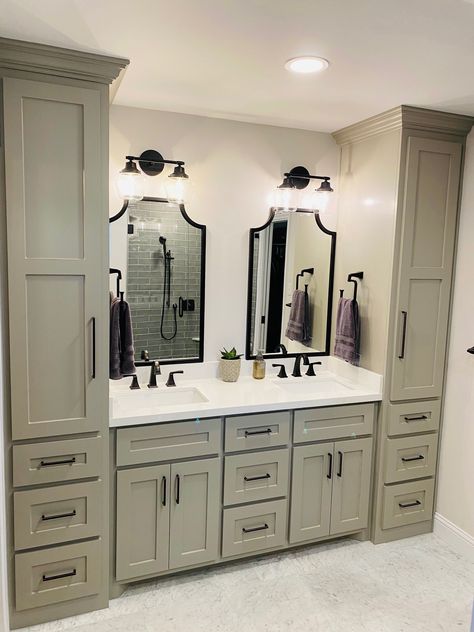 Double Vanity Bathroom Ideas Modern Farmhouse, Double Vanity With Laundry Hamper, Double Vanity Walk In Shower Bathroom, Bathroom Vanity Lots Of Drawers, Master Bath Tub Between Vanities, Bathroom Vanity With Tower On Side, 6ft Vanity Master Bathrooms, Bathroom With A Lot Of Storage, Double Sink Vanity With Linen Cabinet