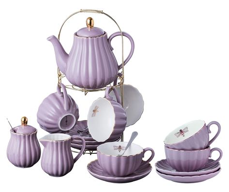 PRICES MAY VARY. Material: High quality porcelain 【WHAT"S INCLUDED】: 6 tea cups, 6 saucers, 6 teaspoons, a teapot, and a sugar bowl, a cream pitcher（Display Stand is INCLUDED） 【PREMIUM QUALITY】: Made of high quality porcelain, it is lead free, so you can enjoy your favorite hot tea in style. 【THE SPOTLIGHT AT TEA PARTY】 Ideal to serve tea or coffee. Its smooth appearance will help to build up a relaxing and happy feelings while drinking, delight guests with these charming tea cups with saucers, Purple Coffee Cup, Pink Coffee Cup, Pink Coffee Cups, Matcha Set, Purple Coffee, Teacup Set, White Coffee Cups, Ceramic Tea Set, Pink Coffee