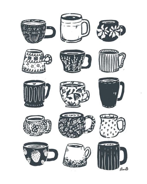 All Posts • Instagram Stack Of Cups Drawing, Coffee Mug Tattoo Ideas Small, Teacup Lino Print, Tiny Coffee Mug Tattoo, Coffee Mugs Drawing, Espresso Cup Drawing, Mug Illustration Design, Coffee Sleeve Art, Coffee Cup Art Illustration