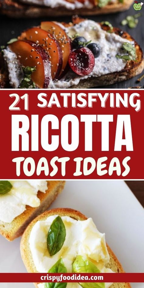 Here you get some ricotta toast ideas that are best for snacks. Ricotta Toast Ideas, Ricotta Sandwich Recipes, Lunch Ideas With Ricotta, Toast With Ricotta, Mediterranean Brunch Recipes, Ricotta Snack Ideas, Toast Recipes Dinner, Toast Ideas Dinner, Ricotta Lunch Ideas