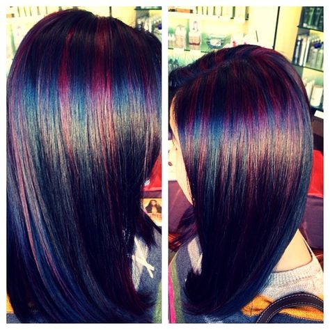 ive done the super red w/ dark black it turned out awesome but red is really hard to keep in Oil Slick Hair Color, Blue And Red Hair, Oil Slick Hair, Blond Highlights, Black Red Hair, Hair Color And Cut, Hair Images, Hair Envy, Love Hair