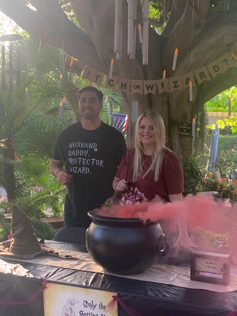 Witch Cauldron Gender Reveal, Couldren Gender Reveal, Gender Reveal Witches Brew, Harry Potter Gender Reveal Potion, Gender Reveal Potion Recipe, Gender Reveal With Dry Ice, Gender Reveal Cauldron, Gothic Gender Reveal Ideas, Cauldron Gender Reveal How To