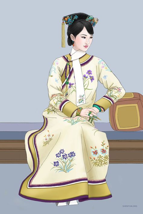 The Manchu princesses of China’s final dynasty, the Qing (1644-1912), were perhaps mostly known for wearing unique hair pieces like the one you see in this image. ⁠ Manchu Clothing, Princess Of China, Qing Dynasty Clothing, Shen Yun, Chinese Traditional Costume, Ancient Chinese Clothing, Unique Hair, Chinese Clothing, Unique Hairstyles