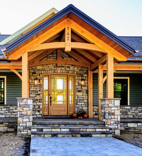 Timber Frame Deck, Timber Framed Porch, Timber Porch, Lakehouse Remodel, Timber Frame Exterior, Cottage Mountain, Porch Gable, Timber Entrance, Cottage Addition