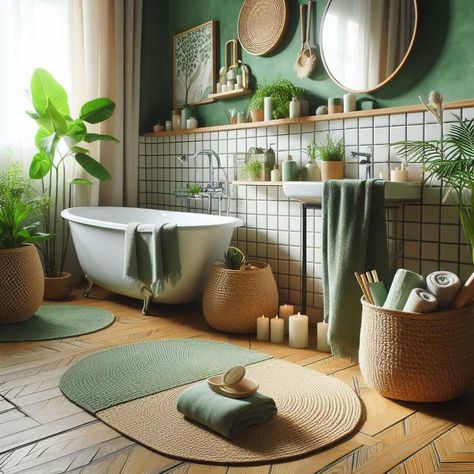 90 Inspiring Green Bathroom Design Ideas for a Fresh and Modern Look » HomeDecorFull Green Neutral Bathroom, Green Bathroom Design, Helping The Environment, Modern Boho Bathroom, Green Bathroom Decor, Mid Century Bathroom, Bamboo Bathroom, Bathroom Design Ideas, Wooden Bathroom