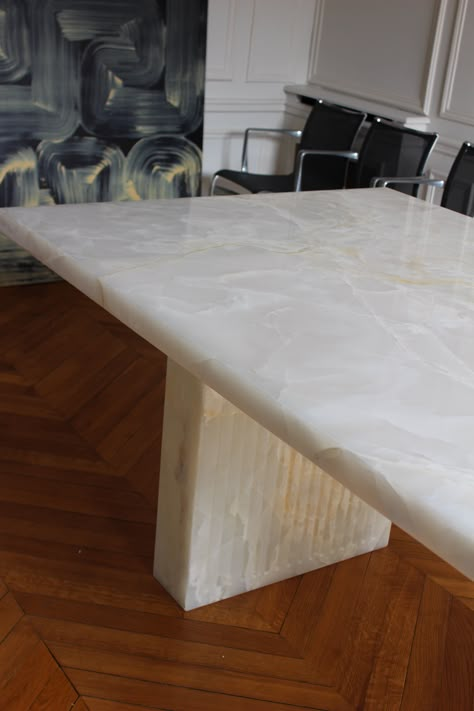 Available in custom sizes and materials. MAKERMarberaDIMENSIONS H750mm x W1100mm x L2200mm *Price does not reflect shipping cost, please email info@lovehouseny.com for a quote Onyx Dining Table, Aura White, Onyx Table, Entry Lighting, Desk Cabinet, Stone Dining Table, White Onyx, Floor Table, Neutral Living Room