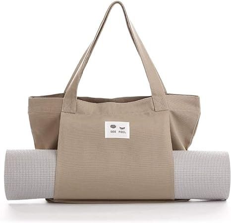 Amazon.com : Canvas Tote Bag with Yoga Mat Carrier Sleeve in Brown : Sports & Outdoors Yoga Mat Carrier, Pilates Mat, Mat Pilates, Mat Bag, Canvas Tote Bag, Yoga Mat, Canvas Tote, Pilates, Yoga