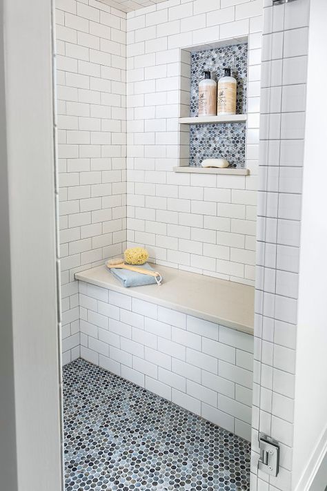 Accent penny tile in niche and on floor. Penny Tiles Bathroom, Tile Shower Niche, Subway Tile Showers, Tile Remodel, Penny Tile, Bad Inspiration, Shower Niche, Basement Bathroom, Minimalist Bathroom