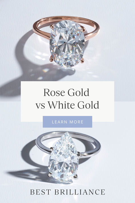 White gold has a very ingenious alloy to give it the cool neutral look many women love while Rose gold is a fabulous luxury metal. Finding the right metal color for your wedding rings might be challenging, read this Best Brilliance Blog Post to learn everything about the metal colors and choose the best option for your engagement ring or wedding ring. Rose Gold vs. White Gold Rings | Best Brilliance Rose Gold Wedding Set, Wedding Ring Rose Gold, Rose Gold Bridal Set, Rose Gold Wedding Bands, Sparkling Rings, Ring Rose Gold, Rose Gold Engagement, White Gold Jewelry, White Gold Engagement Rings