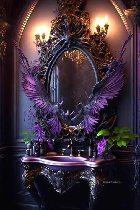 Witchy Bedroom Aesthetic Purple, Moody Bathroom Design, Dark Bathroom Decor, Whimsical Gothic Decor, Moody Bathroom Ideas, Gothic Bathroom Ideas, Whimsical Castle, Goth Bathroom, Salon Makeover