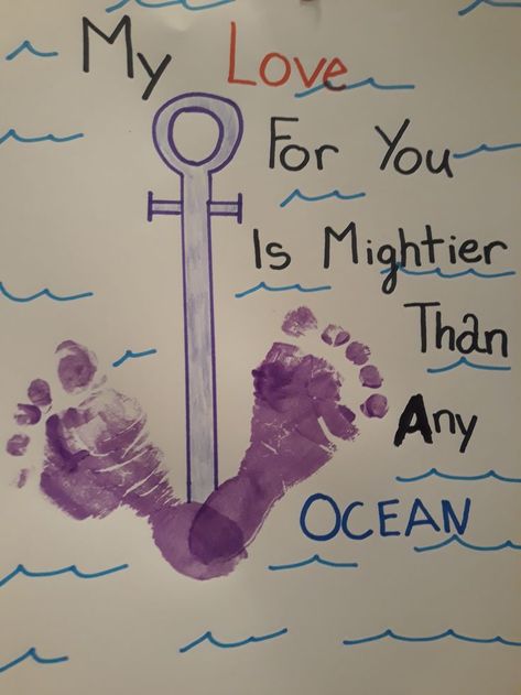 Ocean Fathers Day Craft, Dolphin Footprint Craft, Pirate Crafts For Infants, Ocean Infant Crafts, Beach Infant Crafts, Ocean Activities For Babies, Family Crafts For Infants, Ocean Handprint Art, Ocean Animal Crafts For Infants